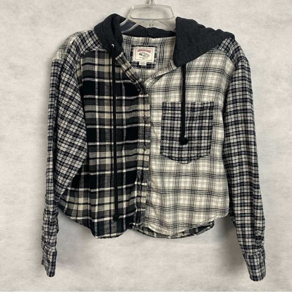 American Eagle Plaid Crop Flannel Hoodie Jacket Small Black Gray White Grunge